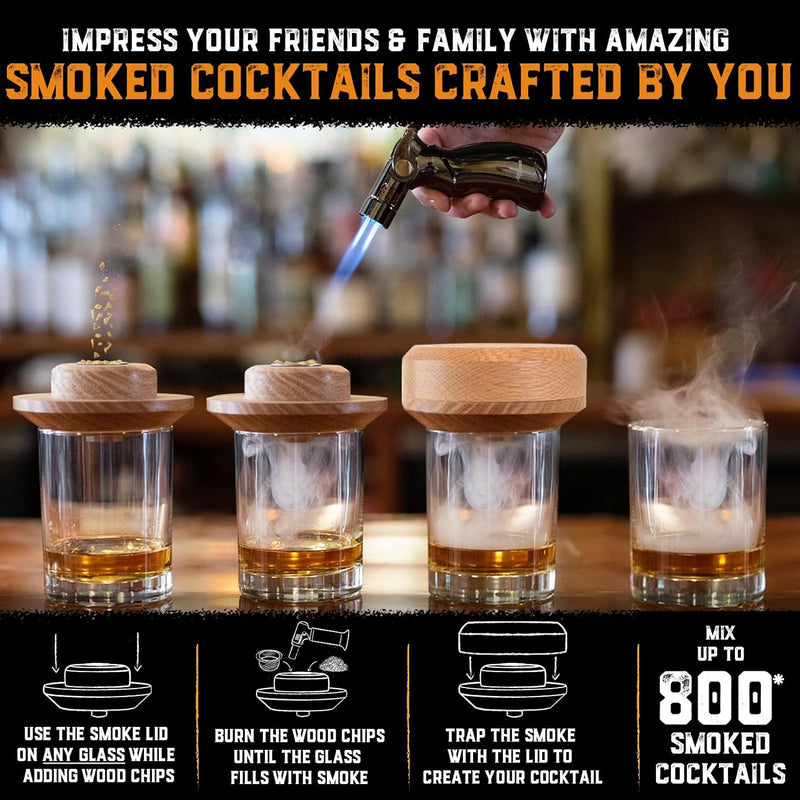 Cocktail Smoker Kit with Torch - High-End Set, USA Oak, Fine Wood Chips - Old Fashioned Cocktail Kit for Whiskey - Bourbon Gifts for Men - Gift from Wife, Daughter, Son (with Butane)