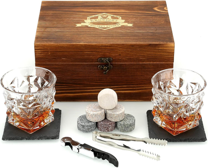 Whiskey Stones Gift Set - Whiskey Glass Set of 2 - Granite Chilling Whiskey Rocks - Scotch Bourbon Box Set - Best Drinking Gifts for Men Dad Husband Birthday Party Holiday Present