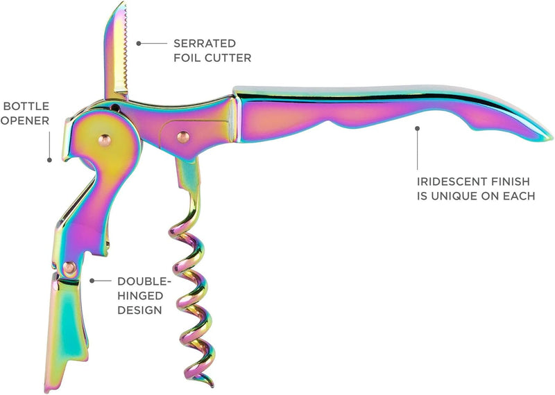 Blush Mirage Double Hinged Corkscrew, Cute Iridescent Wine Bottle Opener and Foil Cutter, Stainless Steel Bar Accessories, 4.75 Inches Long, Set of 1