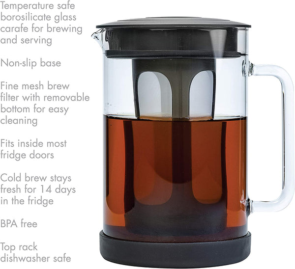 Primula Pace Cold Brew Iced Coffee Maker with Durable Glass Pitcher and Airtight Lid, Dishwasher Safe, Perfect 6 Cup Size, 1.6 Qt, Black