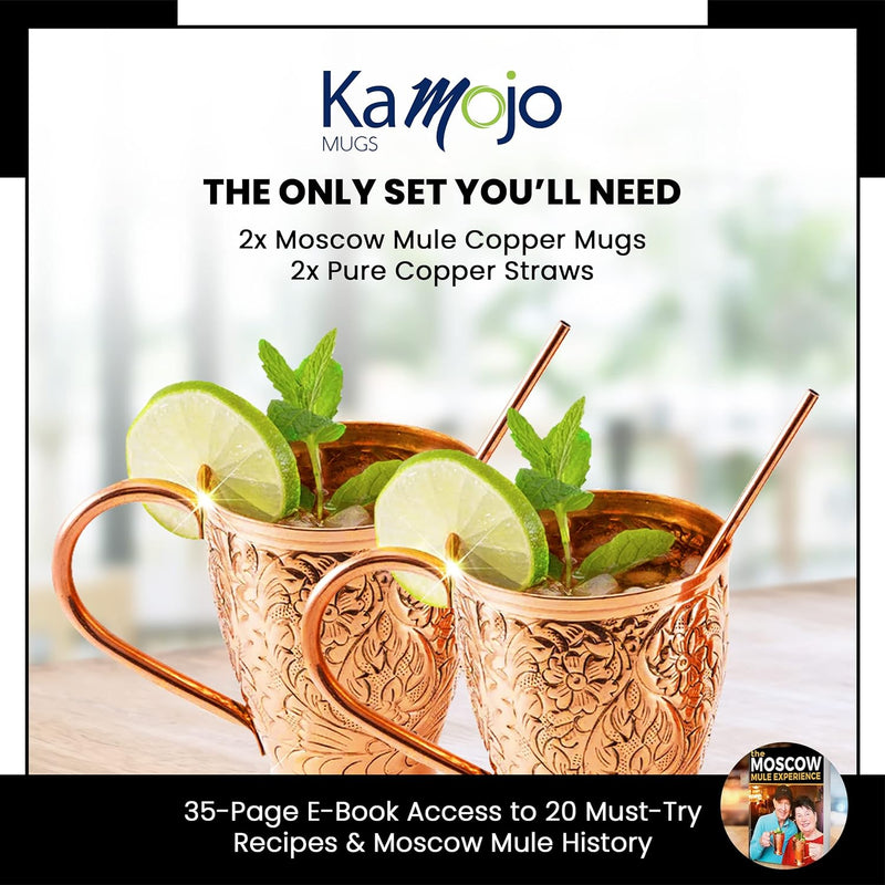 Kamojo Moscow Mule Mugs Set of 2 - Premium Moscow Mule Copper Mugs with Unique Embossed Design & Anti-Tarnish, Food-Grade Coating - Copper Cups Gift Set with 2 Copper Straws & Recipe E-Book, 16 oz