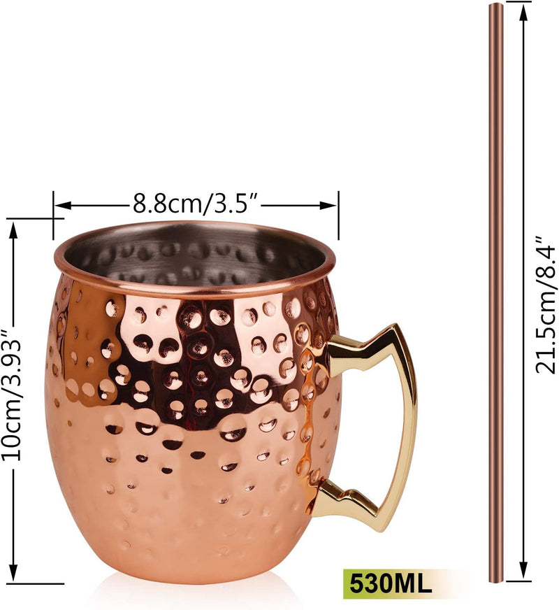 Set of 4 Copper Hammered Moscow Mule Mugs Drinking Cup with 4 Copper Straws, Great Dining Entertaining Bar Gift Set