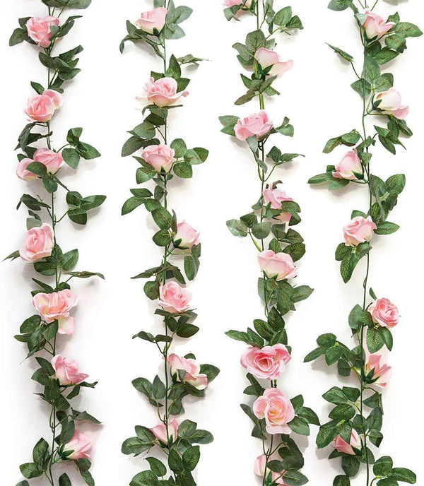 2-Pack Fake Rose Vine Garland 16 FT - Pink Artificial Flowers for Hotel Wedding Home Party Garden Decor