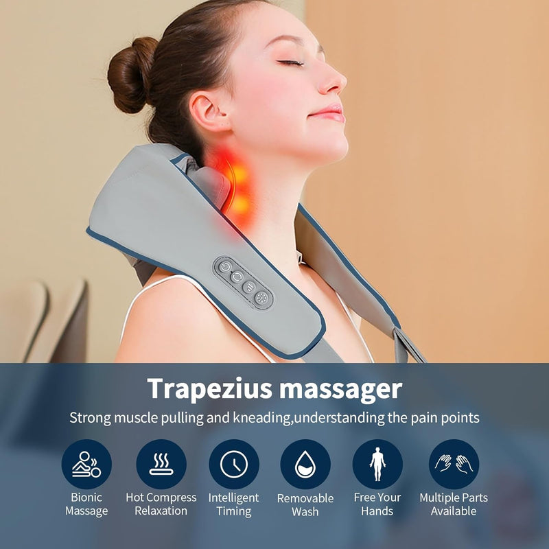 LIARTY Neck and Shoulder Massager, Shiatsu Electric Cordless Massager for Shoulder, 6D Kneading Massage Pillow for Back, Leg, Waist, Trapezius, Muscle Relaxation, Home & Office Use, Grey