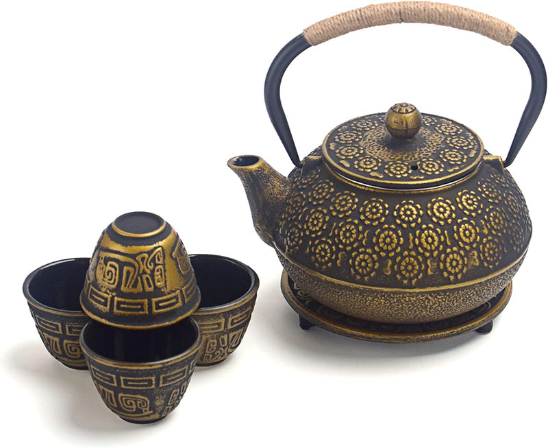 6 Piece Set Black Japanese Cast Iron Teapot(28 oz /800 ml) with 4 Tea Cups (2 oz each), Leaf Tea Infuser and Trivet.