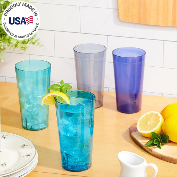 US Acrylic Cafe Plastic Reusable Tumblers (Set of 16) 20-ounce Water Cups Coastal Colors | Restaurant Style Drinking Glasses Value Set, Stackable, BPA-free, Made in the USA | Top-rack Dishwasher Safe