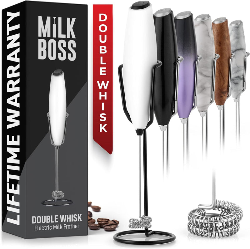 Milk Boss Powerful Milk Frother Handheld With Upgraded Holster Stand - Coffee Frother Electric Handheld Foam Maker - Milk Frother For Coffee, Lattes, Matcha & More - Electric Whisk Frother (White)