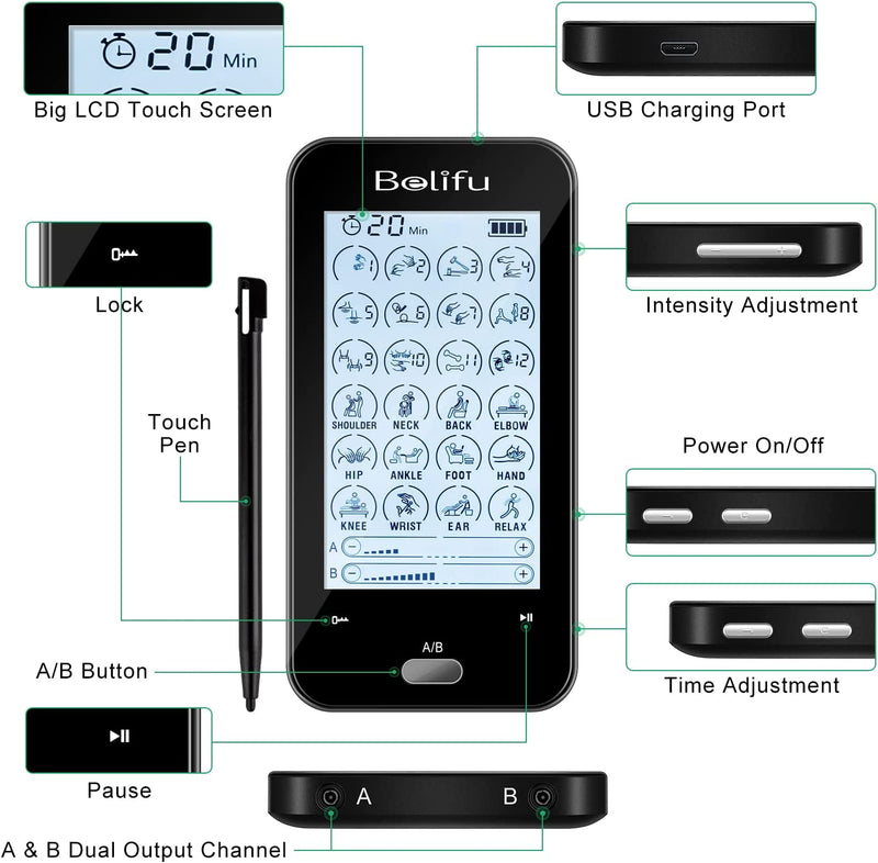 Belifu Dual Channel Tens Unit Electro Muscle Stimulator, Fully Isolated with Independent 24 Modes, Rechargeable Pulse Massager with Electrodes Pads for Neck Back Arms Chronic Pain Relief Body Building