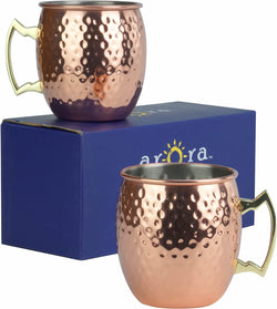 Arora Moscow Mule Mug, Set of 2 Copper Hammered, Durable for Home Dining, Max Capacity 20oz, 3.7" D x 3.9" H