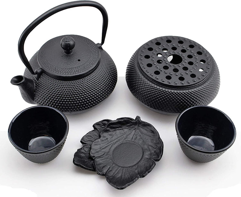 急須きゅうす Hobnail Iron Teapot Set - Japanese Antique 24 Fl Oz Small Dot Cast Iron Teapot Tetsubin with Infuser, 2 Cups with Saucers and Teapot Warmer, Birthday gift idea for gift price $120