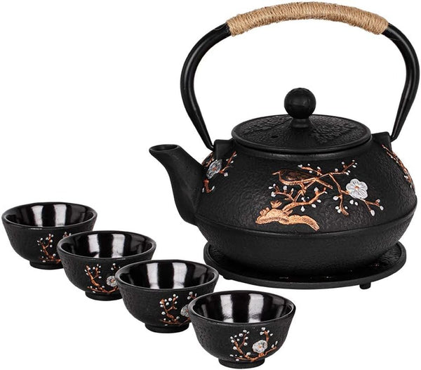 Cast Iron Teapot with Tea Cups Trivet Japanese Style Tetsubin Tea Kettle with Infuser Iron Tea Set Gift for Adult Father Mother Family (Black,Magpie on the Plum Design)