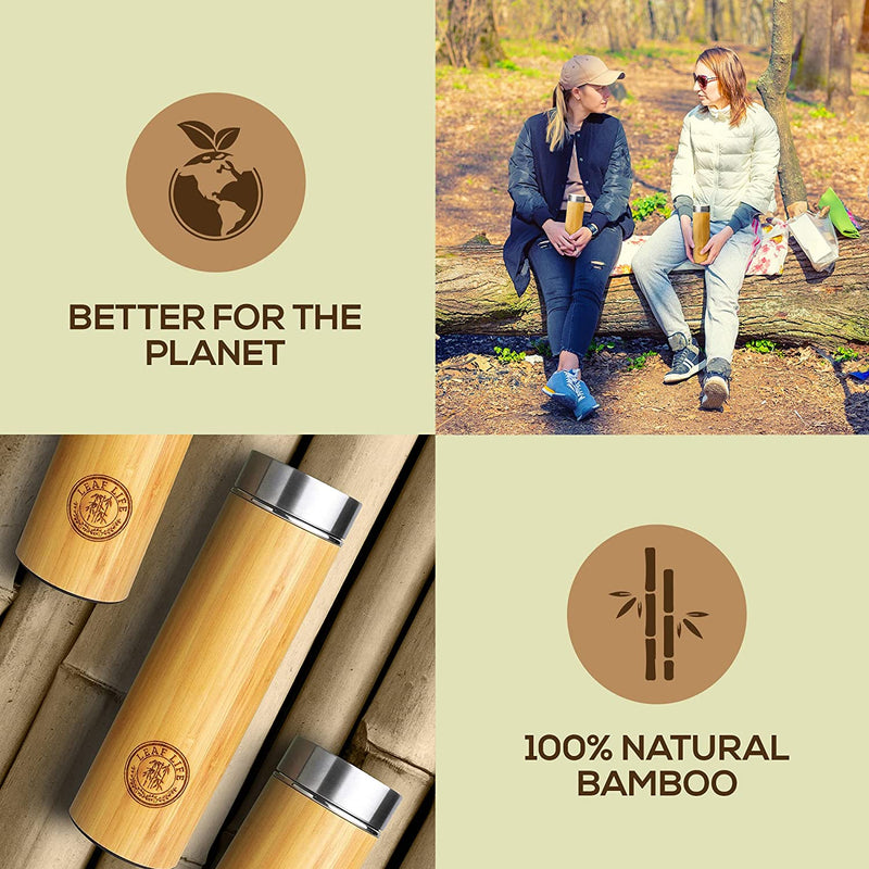 LeafLife Premium Bamboo Thermos with Tea Infusers for Loose Tea 17oz - Hot & Cold for 12 Hrs - Unique Gifts for Women Who Have Everything, Tea Gift Sets for Women, Cool Gifts for Women Birthday Unique