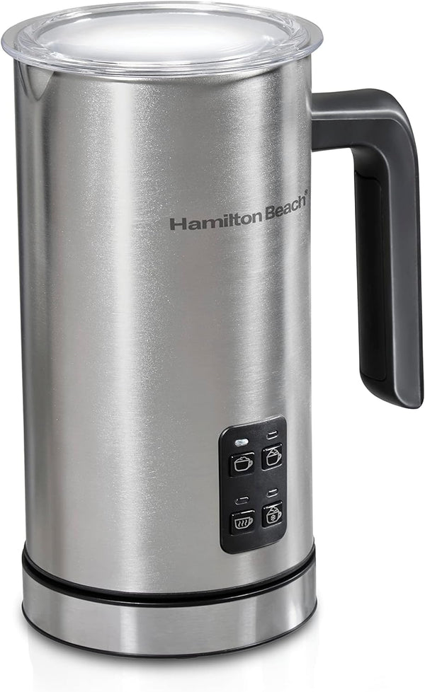 Hamilton Beach Electric Milk Frother & Warmer, Automatic Warm or Cold Foam, 5-10 oz., Create Café-Quality Coffee, Latte, Cappuccino, Frappe, Hot Chocolate, 4 Settings, Stainless Steel (43565C)