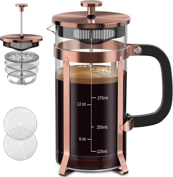 QUQIYSO Coffee Maker 304 Stainless Steel French Press with 4 Filter, Heat Resistant Durable, Easy to Clean, Borosilicate Glass Coffee Press, 100% BPA Free Teapot, 21 ounce, copper