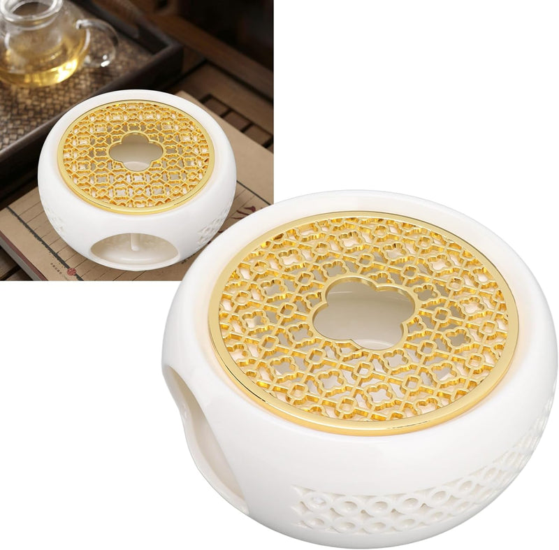 Porcelain Teapot Heater Hollow Frame Round Teapot Warmer Base with Alloy Cushion and Candle Holder Fixing Cushion