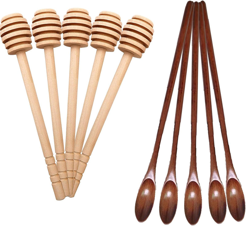 5pcs Honey Dipper Sticks & 5pcs small wooden spoons 6 inch Wooden Honeycomb Stick, Small Honey Spoons Stirrer Stick for Honey Jar Dispense Drizzle Honey and Wedding Party Favors Gift(10PCS)