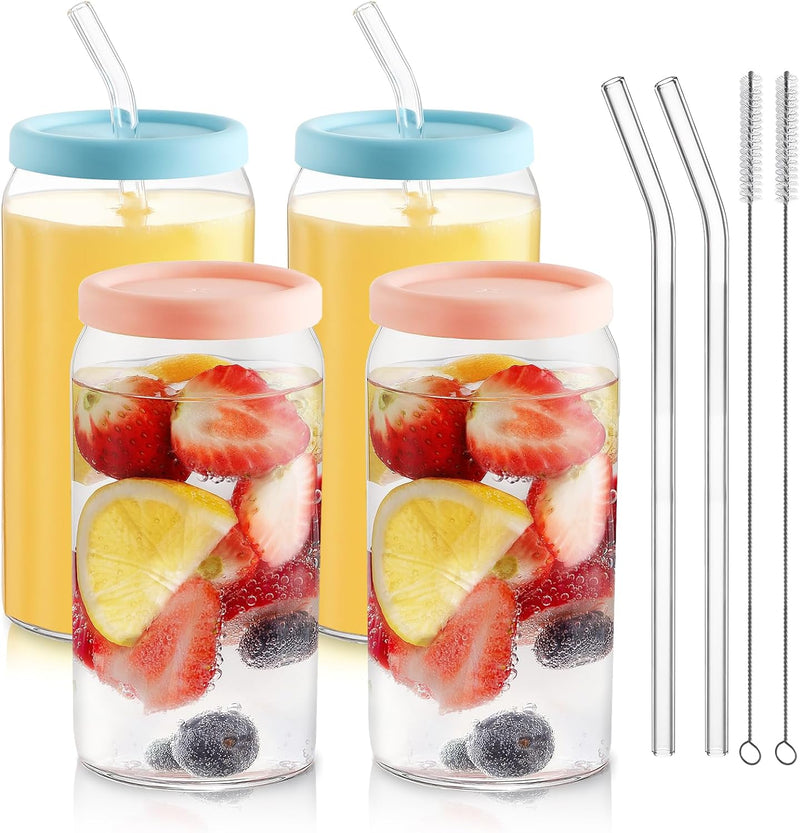 HOMBERKING Glass Cups with Bamboo Lids and Straws 4pcs Set, 16oz Can Shaped Drinking Beer Glasses, Iced Coffee Cups, Cute Tumbler Cups with 1 Cleaning Brush, Ideal for Cocktail, Whiskey, Tea, Gift