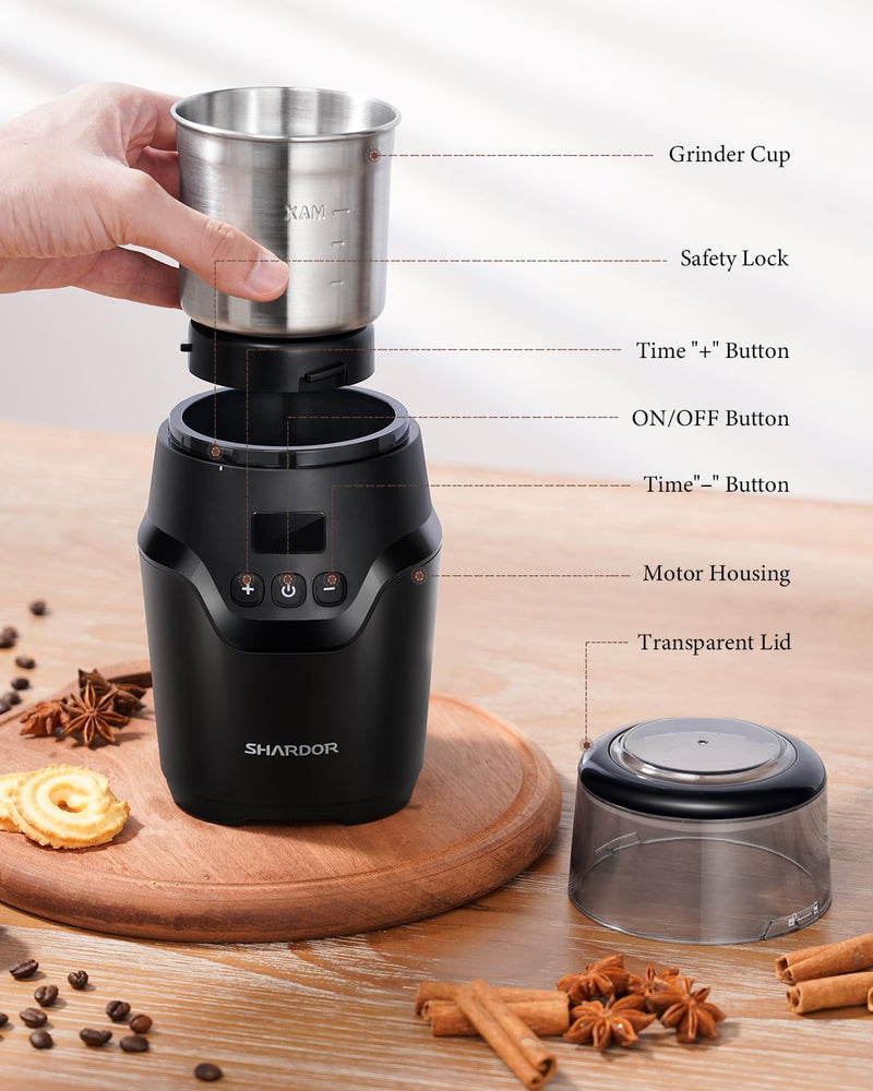 SHARDOR Adjustable Coffee Grinder Electric, Super Silent Electric Coffee Bean Grinder with Time-Memory Adjustment and Multi-Functional Stainless Steel Cup for Spices, Herbs, and Nuts Grinding, Black