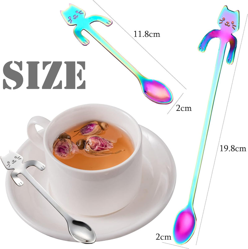 Cat Spoon Coffee Teaspoon, PBIEHSR Stainless Steel Hanging Cup Tea Spoon Two Different Lengths Dessert Scoop for Stirring Drink Mixing Milkshake Jam, Set of 6 (Multicolor)