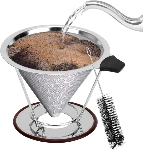 Pour Over Coffee Maker, Stainless Steel Reusable Coffee Filter, Paperless Manual Coffee Cone Filter, Pour Over Coffee Dripper for (1-4 Cup), Fine Mesh Coffee Strainer with Stand and Bonus Brush