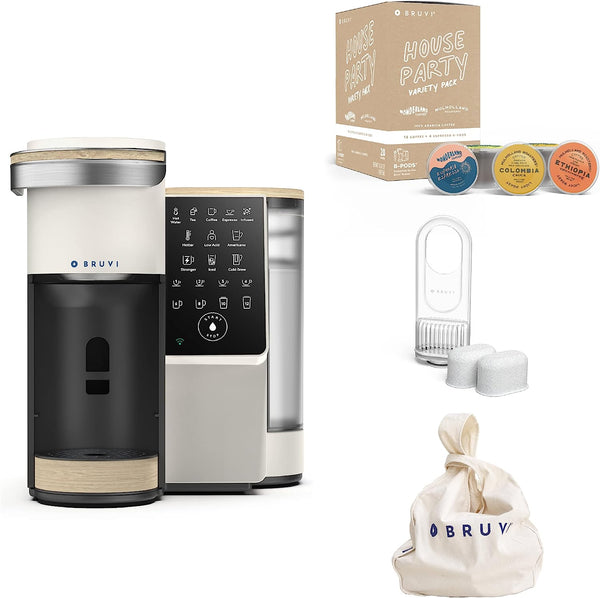 The Bruvi Bundle | Single-Serve Coffee System | Includes 20 Coffee and Espresso B-Pods + Bruvi Coffee Brewer + Premium Water Filter Kit
