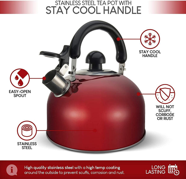 ELITRA Whistling Tea Kettle - Stainless Steel Tea Pot with Stay Cool Handle - 2.6 Quart / 2.5 Liter - (RED)