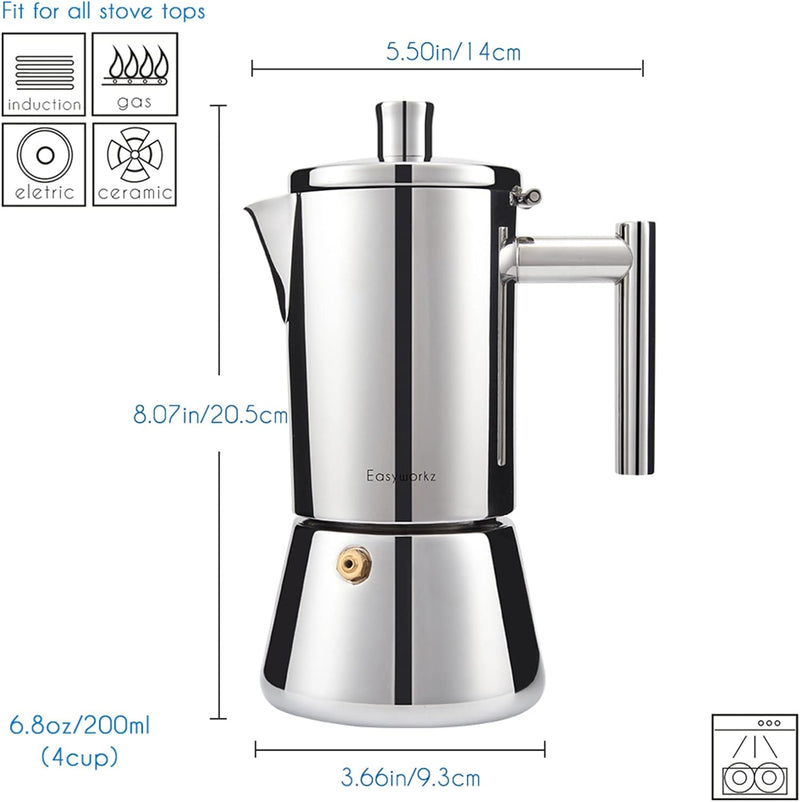Easyworkz Diego Stovetop Espresso Maker Stainless Steel Italian Coffee Machine Maker 4Cup 6.8 oz Induction Moka Pot
