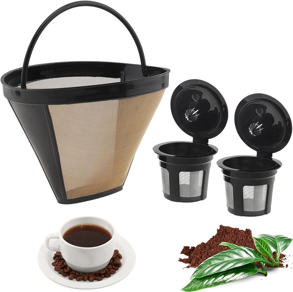 Reusable K Cups For Keurig 1.0 and 2.0 Brewers, 2PC Refillable Coffee Pods and 1 Coffee Filter Basket Cone Coffee Maker Filter #4, Coffee Filter Coffee Machine Accessories for Dual Brew Coffee Makers