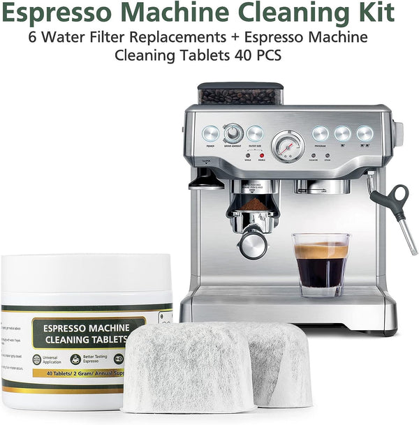 6 Pack Espresso Machine Water Filter and 40 Pack Espresso Cleaning Tablets, Espresso Cleaning Kit Includes 2g Cleaning Tablets & Charcoal Activated Filters Replacement for Breville Espresso Maker