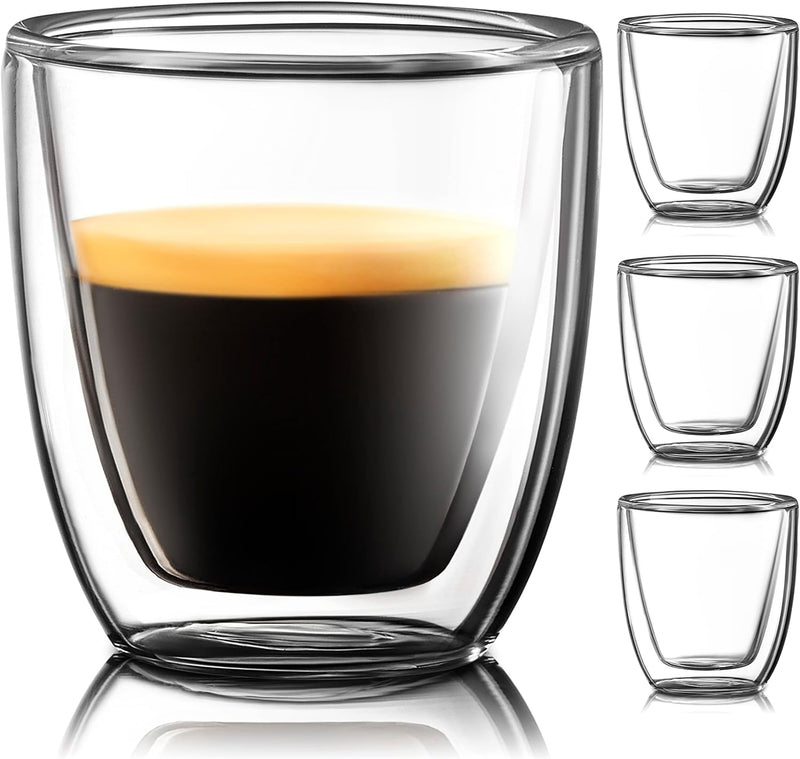 Glass Espresso Cups Set of 4 - Double Walled Espresso Cups 2.6 OZ - Wide Italian Style Clear Doppio Espresso Cup - Double Espresso Cups - Espresso Accessories Small Double Wall Expresso Coffee Cup