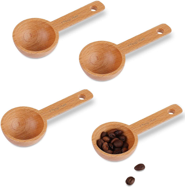 AIEX 4pcs 15ml Wood Coffee Scoops, Coffee Spoon in Beech Wooden Measuring Spoons Set Ground Coffee Scoop 1 Tablespoon for Measuring Ground Beans Tea Home Kitchen Accessories