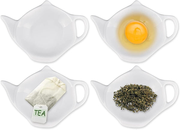 DS. DISTINCTIVE STYLE 4 Pieces Teapot Shaped Tea Bag Holder Teabag Coaster Seasoning Dish for Sauce Dessert (White - Ceramic)