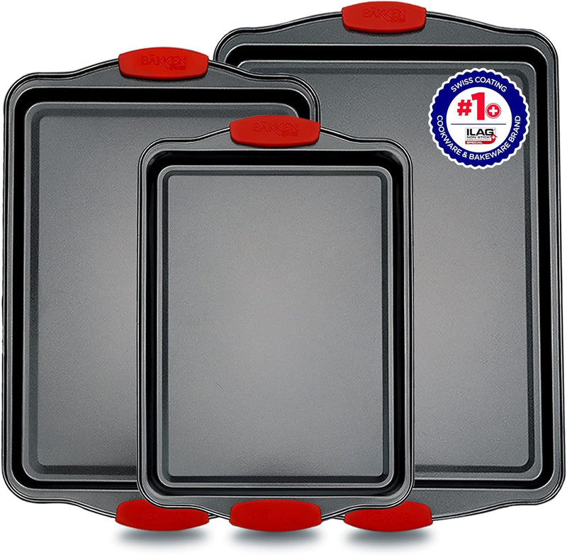 Baking Pan Set – 3 Piece Cookie Sheet – Deluxe Black Non-Stick Carbon Steel – Silicone Handles – Commercial Grade Restaurant Quality – PFOA PFOS and PTFE Free by Bakken