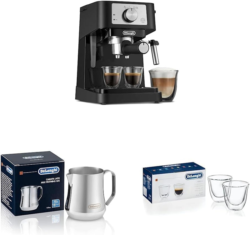 De'Longhi Stilosa Manual Espresso Machine, 13.5 x 8.07 x 11.22 inches & Stainless Steel Milk Frothing Pitcher, 12 ounce (350 ml), 12 oz & Double Walled Thermo Espresso Glasses, Set of 2