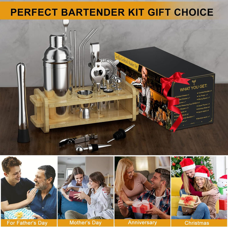 30pcs Mixology Bartender Kit with Stand, Secilla 25oz Bar Set Cocktail Shaker Set, Professional Bartending Kit Home Bar Tools Set Bar Accessories