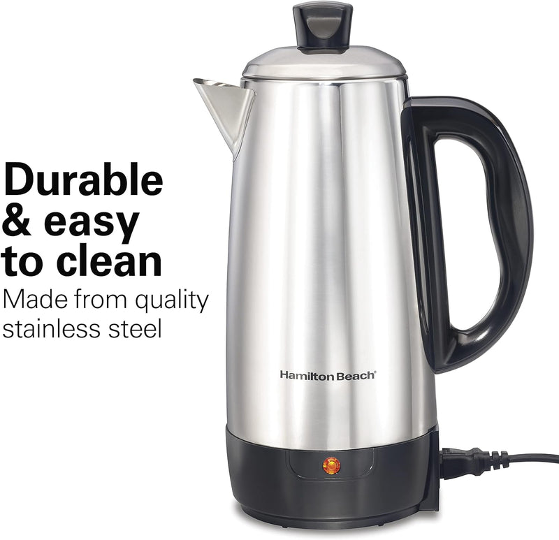 Hamilton Beach 12 Cup Electric Percolator Coffee Maker, Stainless Steel, Quick Brew, Easy Pour Spout (40616R)