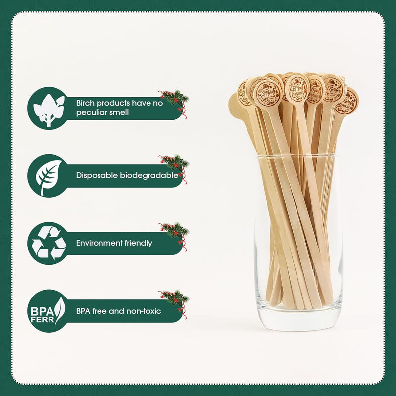 100 Pcs Christmas Coffee Stirrers Wooden, Coffee Stir Sticks with Merry Christmas Round Handle Disposable Biodegradable Coffee Stirrers Wood for Coffee Drink Cocktail Party Supplies
