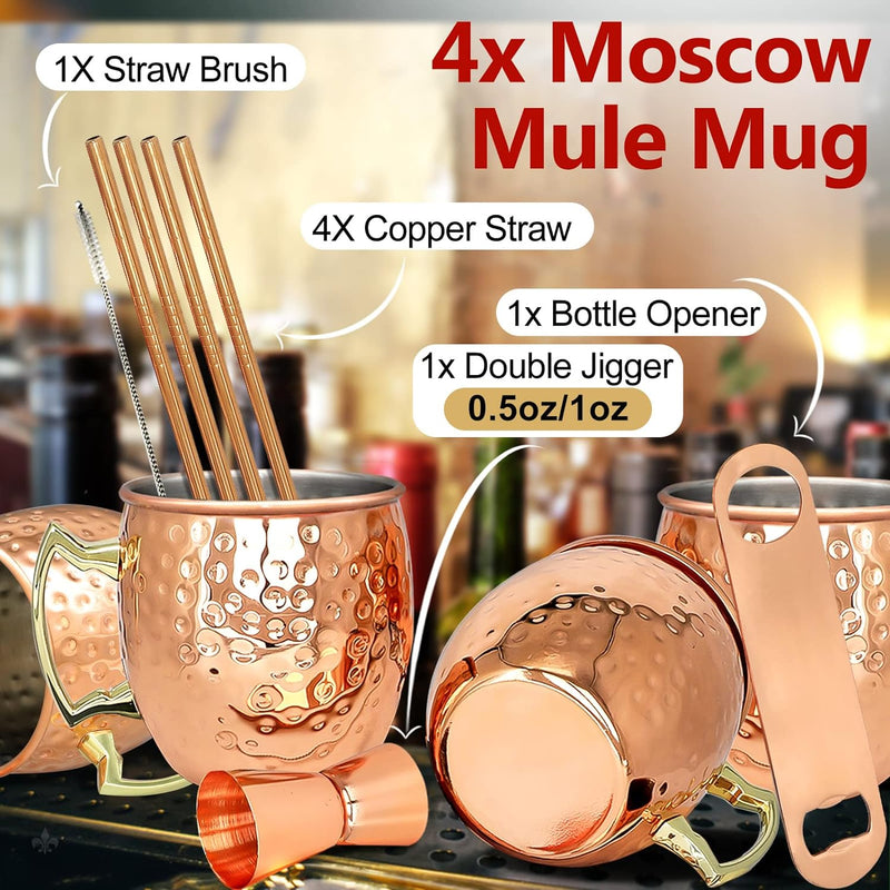 Moscow Mule Copper Mugs- Set of 4 Copper Plated Stainless Steel Mug 18oz, for Chilled Drinks (4 pcs)