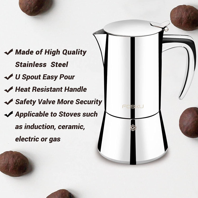 FOSKU Stovetop Espresso Maker, Stainless Steel Moka Pot, Italian Style Coffee Machine Maker Suitable for Induction, Espresso Pot For 3-4 Cups, 200ml