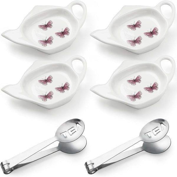 Tea Bag Coaster Set of 6 White Ceramic Tea Bag Holder for Used Tea Bag and Stainless Steel Tea Bag Squeezer (style1)