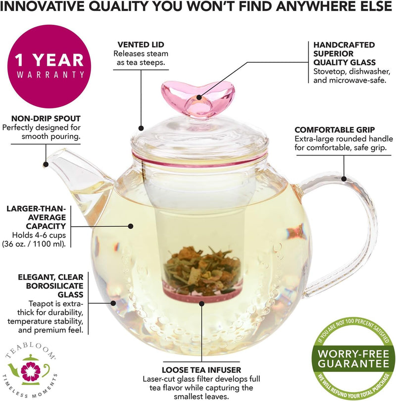 Teabloom Eternal Love Flowering Tea Gift Set - Glass Teapot (36 oz), Heart-Topped Lid, Tea Warmer, Loose Tea Infuser & 12 Heart-Shaped Blooming Teas