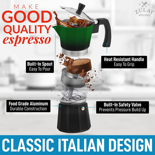 Zulay Classic Stovetop Espresso Maker for Great Flavored Strong Espresso, Classic Italian Style 3 Espresso Cup Moka Pot, Makes Delicious Coffee, Easy to Operate & Quick Cleanup Pot (Green/Black)