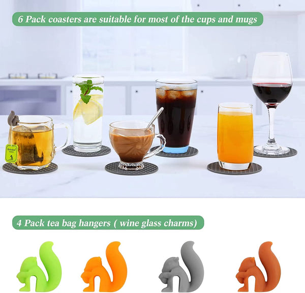 6 Pack Silicone Coasters for Drinks + 4 Pack Wine Glass Charms, Dokpod Drink Coasters for Coffee Table, Non-Slip Cup Coasters, Heat Resistant Bar Coasters, Table Coasters
