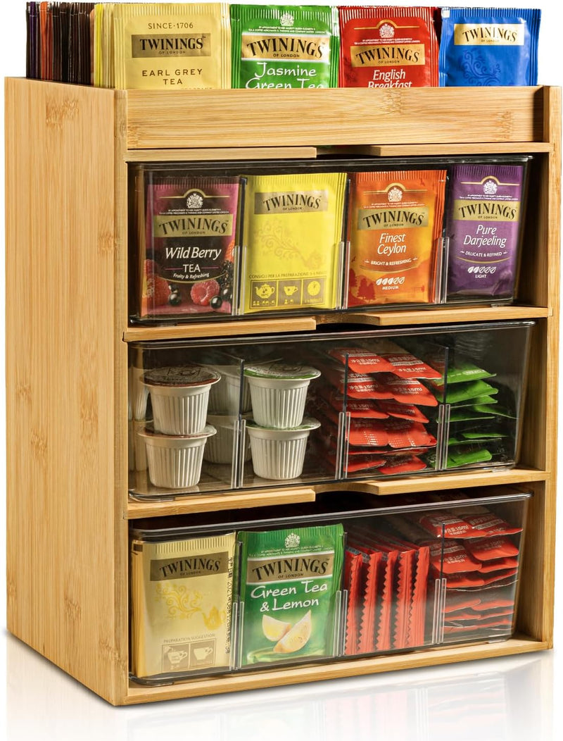 TIMIEEYA Tea Bag Organizer - Bamboo Tea Storage Organizer With Drawer 3 Layer, Tea Organizer for Tea Bags Natural Wood & Acrylic for Countertop Office Kitchen Cabinet Pantry