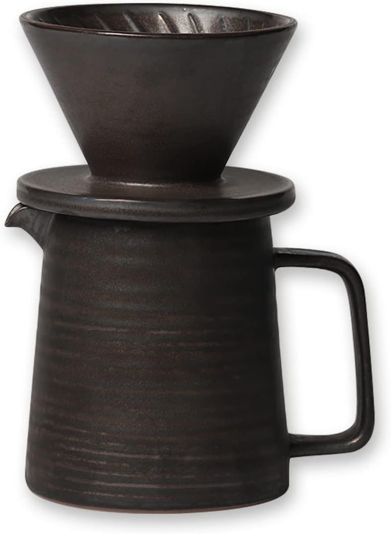 globe faith Stoneware Handmade Pour Over Coffee Maker Set, Ceramic Coffee Brewer Hand Drip Cone Dripper & Coffee Pot Decanter, Annular Vein Retro Metallic Glazed, 16oz