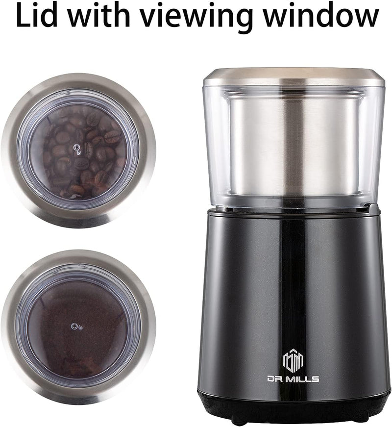 DR MILLS DM-7451 Electric coffee grinder, Coffee Bean Grinder Electric Dried Spice, nut, herb Grinder, detachable cup, Dishwashable, SUS304 stianlees steel