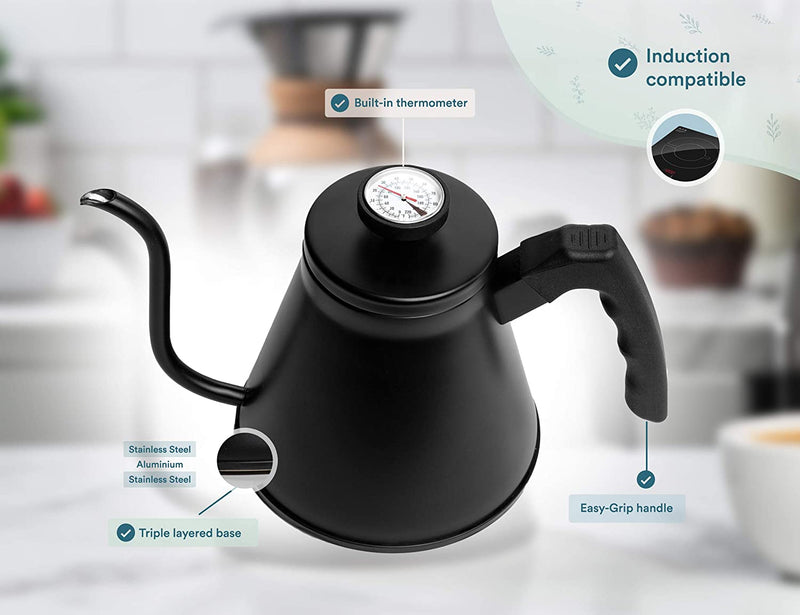 Kook Stovetop Gooseneck Kettle with Thermometer, for Pour Over Coffee & Tea, Temperature Gauge, Electric, Compatible for Gas Stovetop, 3 Ply Stainless Steel Base, 27 oz