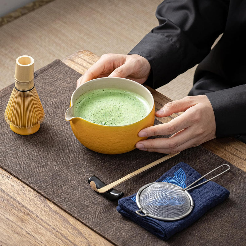 TEANAGOO Japanese Tea Set (7pcs) Matcha Whisk Set Matcha Bowl with Pouring Spout Bamboo Matcha Whisk (Chasen) Scoop (chashaku) Matcha Whisk Holder Tea Making Kit. N18,Orange, Matcha Green Tea Powder