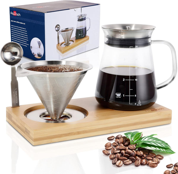 Aquach Pour Over Coffee Maker Set with Extra Large Coffee Dripper, 28 oz Glass Carafe, Stainlesss Steel Coffee Scoop and Bamboo Storage Tray, Unique Set for Home or Office