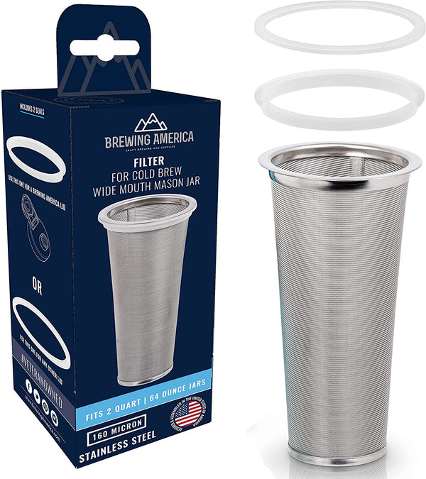 Cold Brew Filter for Mason Jar Wide Mouth Coffee Maker, UPGRADED Stainless Steel Mesh with Silicone Seals (2 Quart / 64 Ounces)